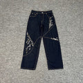 Derschutze trendy floral embroidered patchwork jeans for men and women, high street style, loose straight leg casual trousers.
