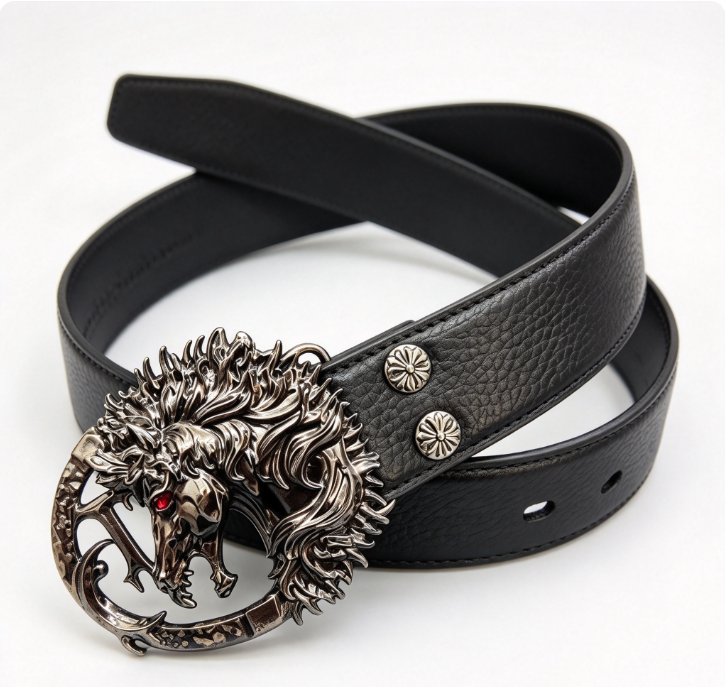 Pegasus Leather Belt Black Litchi Grain Red Zircon Sculpted Waist Belt