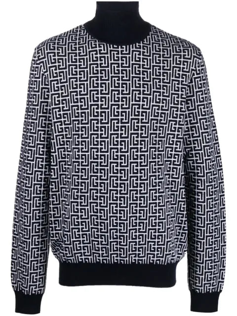 Balmain monogram-intarsia roll-neck jumper