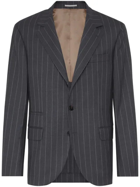Brunello Cucinelli super 150s virgin wool wide chalk stripe batavia blazer