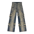 INDIGO LACED STAINED WIDE-LEG JEANS
