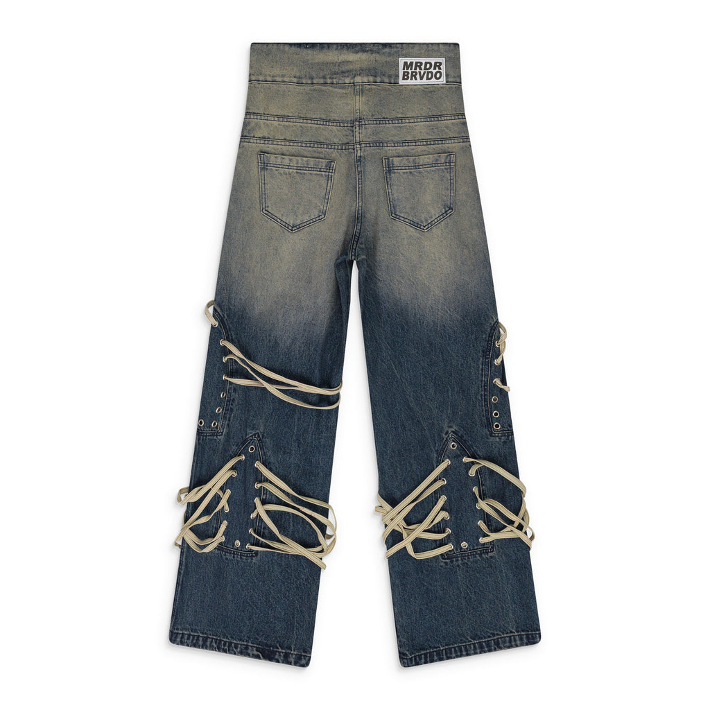 INDIGO LACED STAINED WIDE-LEG JEANS