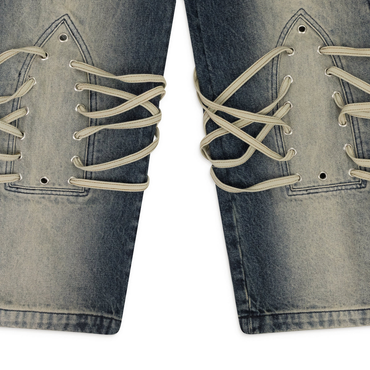 INDIGO LACED STAINED WIDE-LEG JEANS
