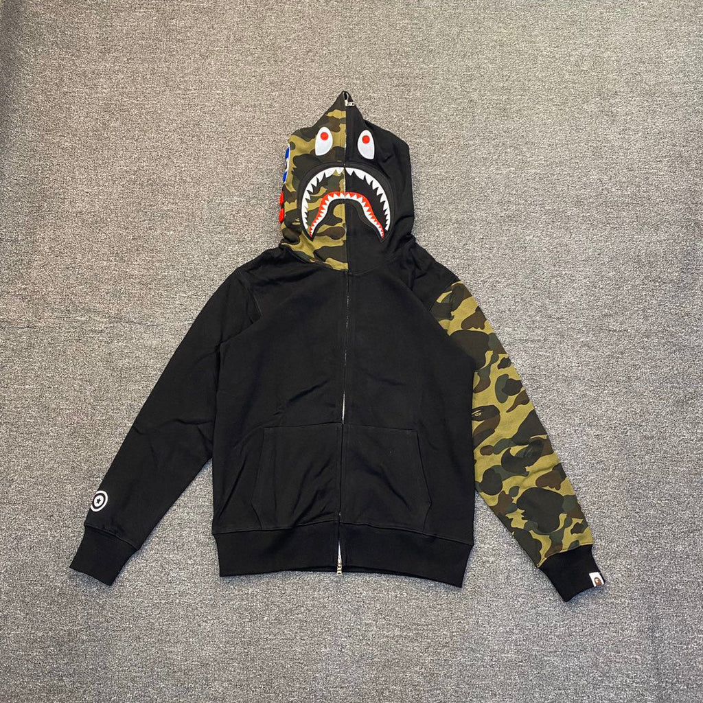 BAPE WGM Shark Full-Zip Hoodie Woodland Camo Hood + Sleeve - Black / Gray