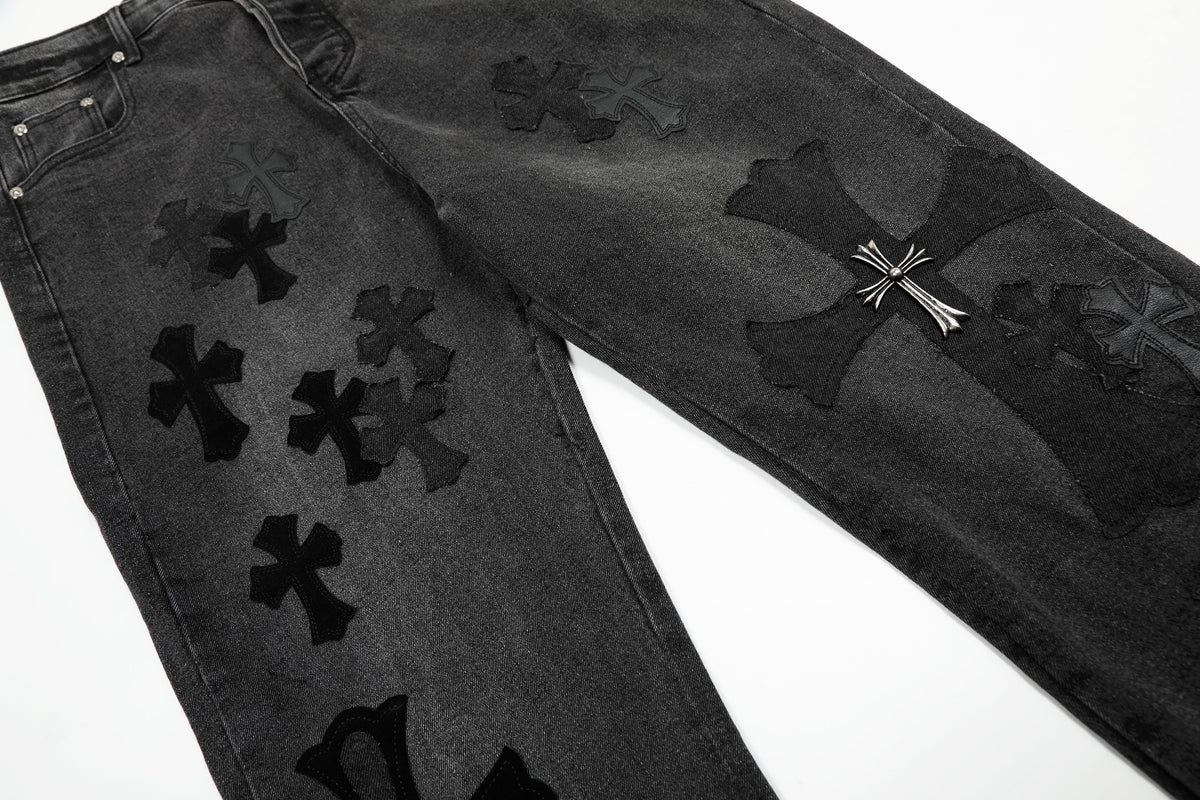 Chrome Hearts Black & Grey Silver Cross Patch Jeans