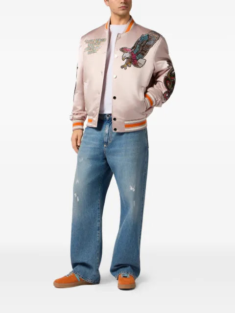Philipp Plein shiny satin bomber tattoo patches strass