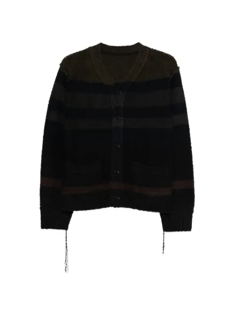 sacai striped distressed-effect cardigan