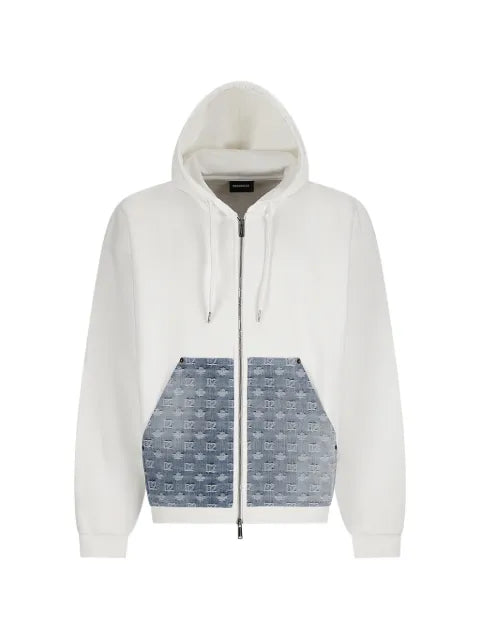 DSQUARED2 logo-pattern denim-panel hoodie
