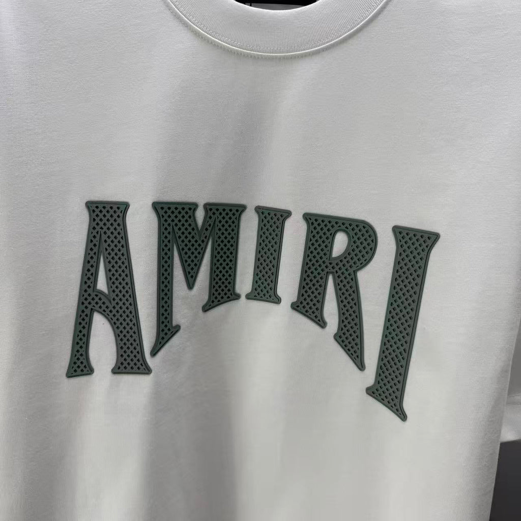 AMIRI Perforated Collegiate Logo Crew‑Neck Short‑Sleeve T‑Shirt