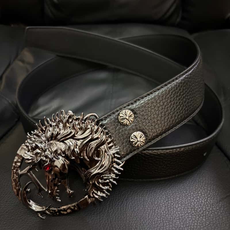 Pegasus Leather Belt Black Litchi Grain Red Zircon Sculpted Waist Belt