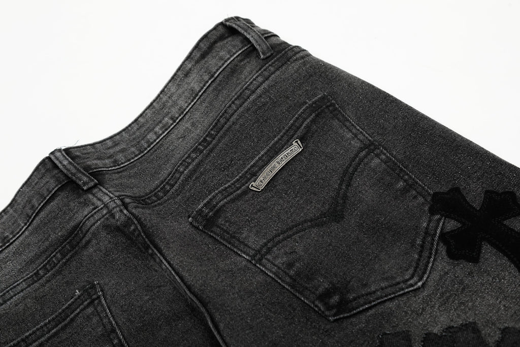 Chrome Hearts Black & Grey Silver Cross Patch Jeans