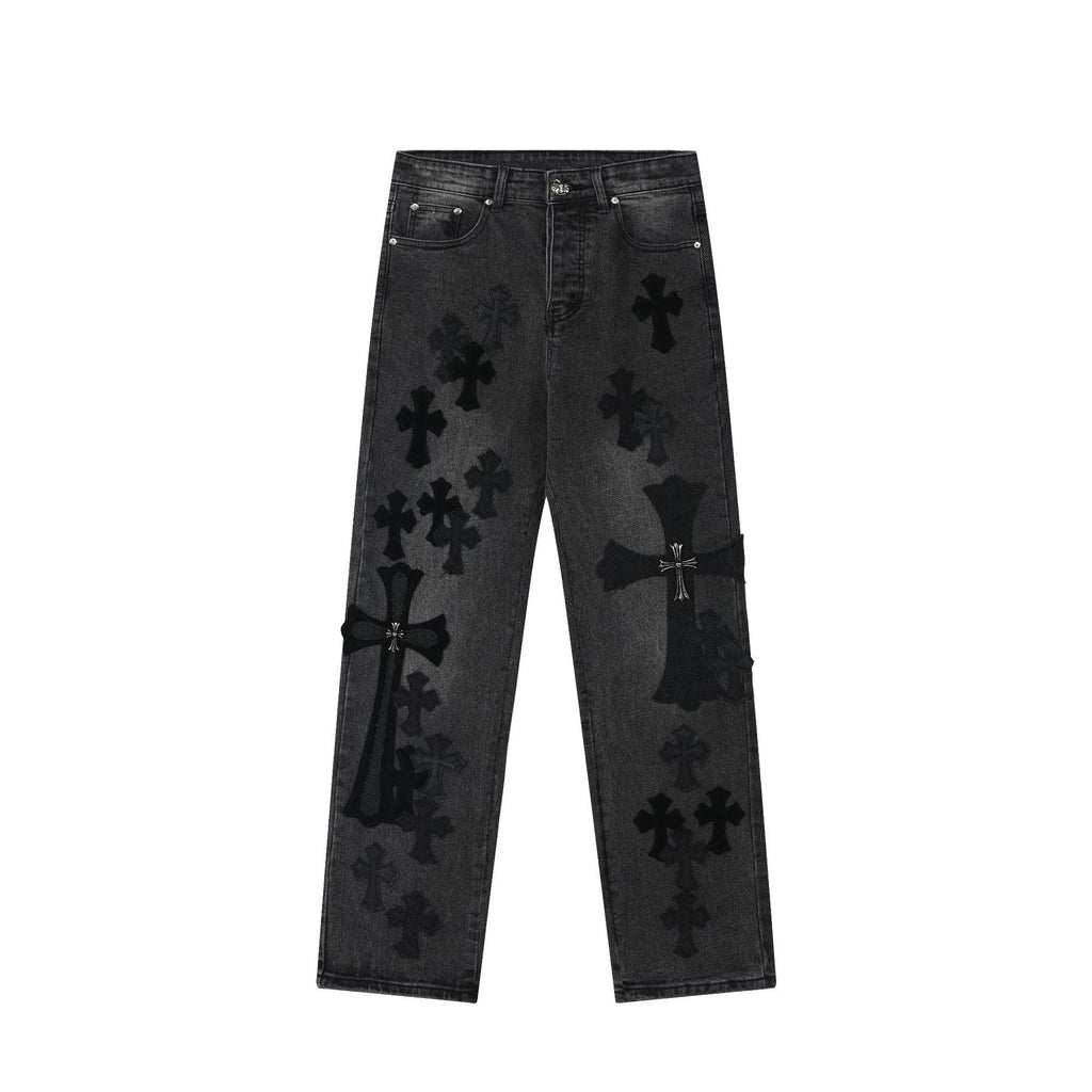 Chrome Hearts Black & Grey Silver Cross Patch Jeans