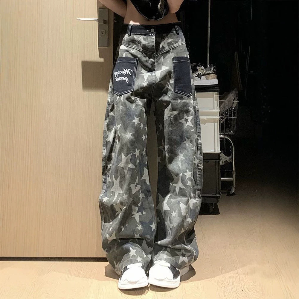 Camouflage Star Print Curved Baggy Wide Leg Washed Denim Jeans