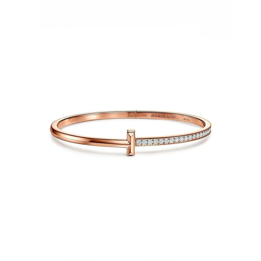 Tiffany Style T Motif Cubic Zirconia 18K Gold-Plated Bangle