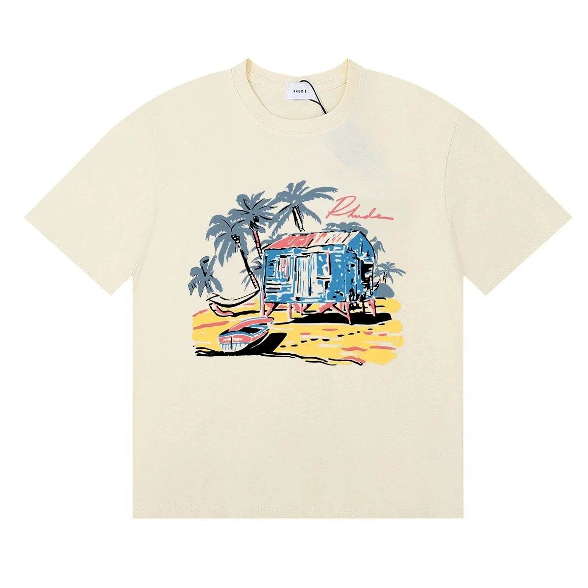 Rhude Tropical Beach Hut Palm Tree Retro Cream Oversized T‑Shirt