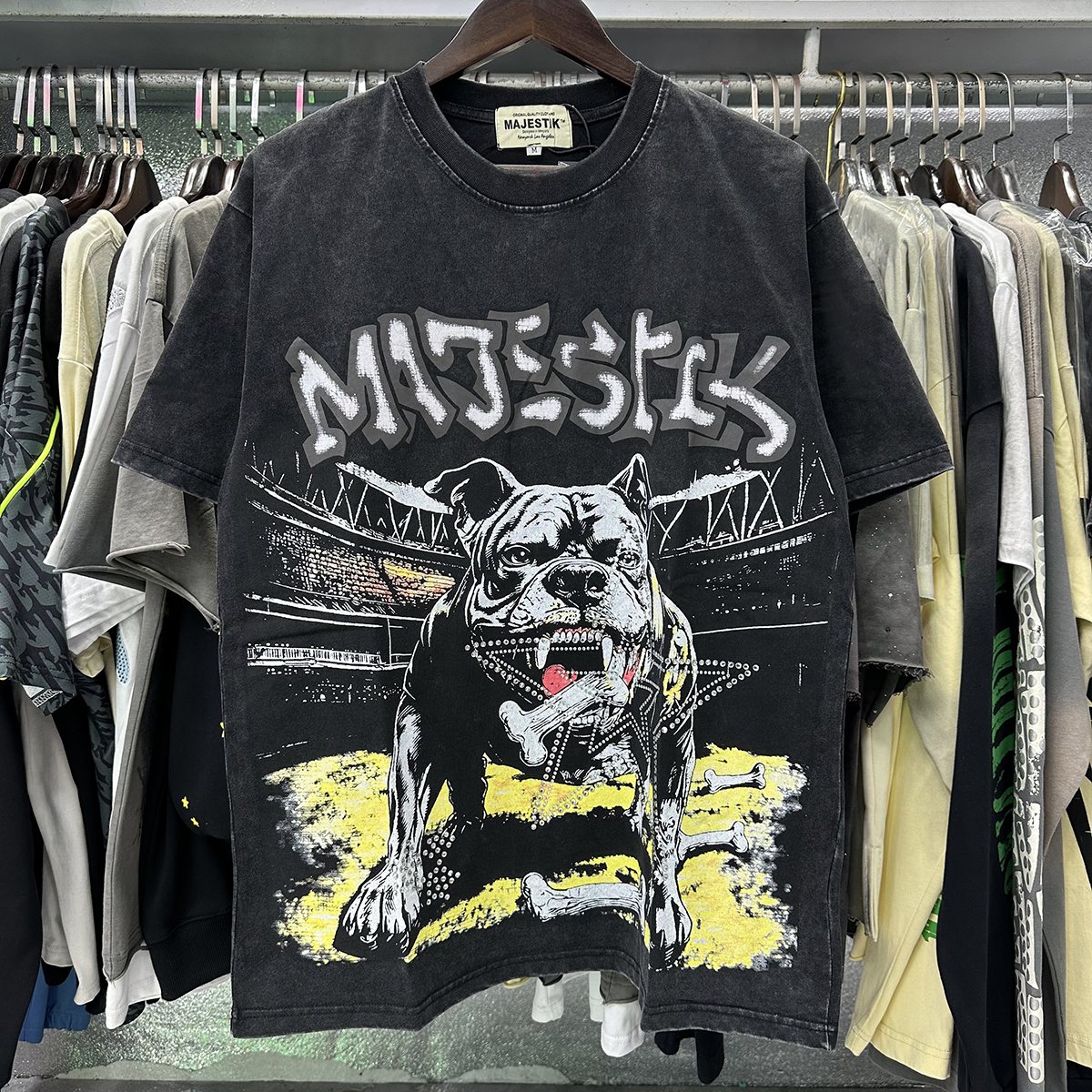 MAJESTIK Bulldog Rhinestone Graphic Cropped T-Shirt