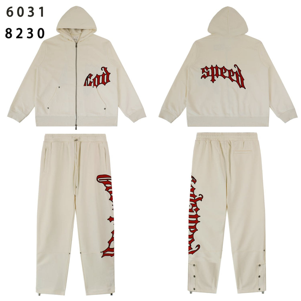 Godspeed Red Gothic Print Zip Hoodie Tracksuit Set