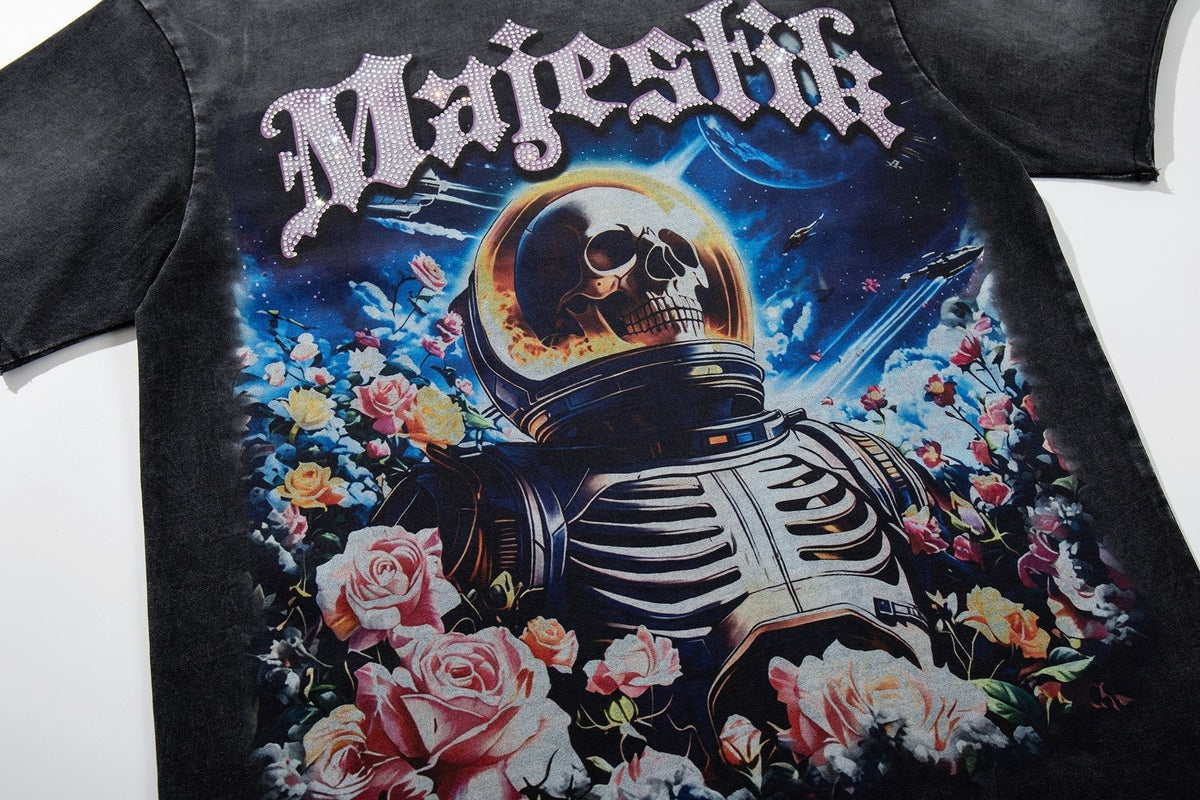 MAJESTIK Washed Black Astronaut Rose Graphic T-Shirt