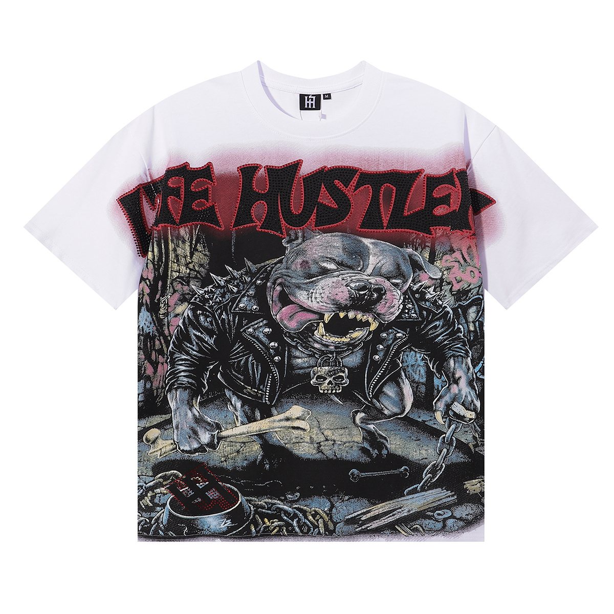 Life Hustlere Angry Pitbull Rhinestone Graphic T-Shirt