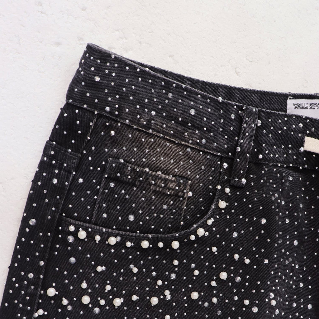 VALE Pearl-Studded Washed Denim Shorts