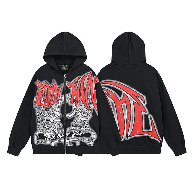 MIXED EMOTION Rhinestone Graphic Full-Zip Hoodie