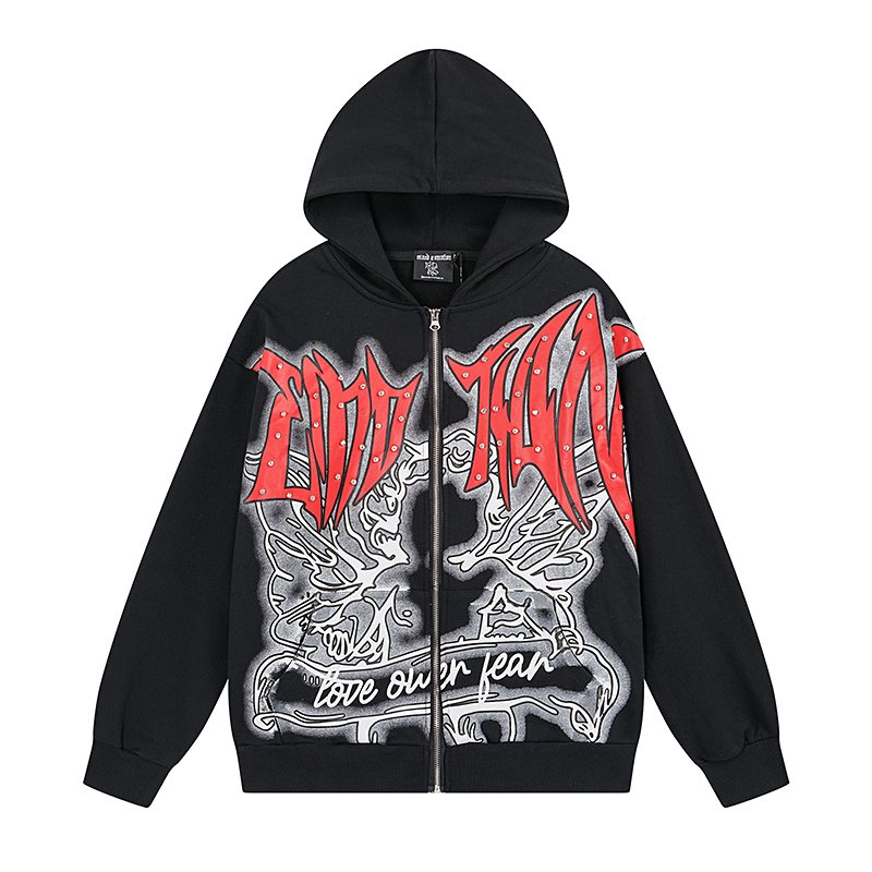 MIXED EMOTION Rhinestone Graphic Full-Zip Hoodie