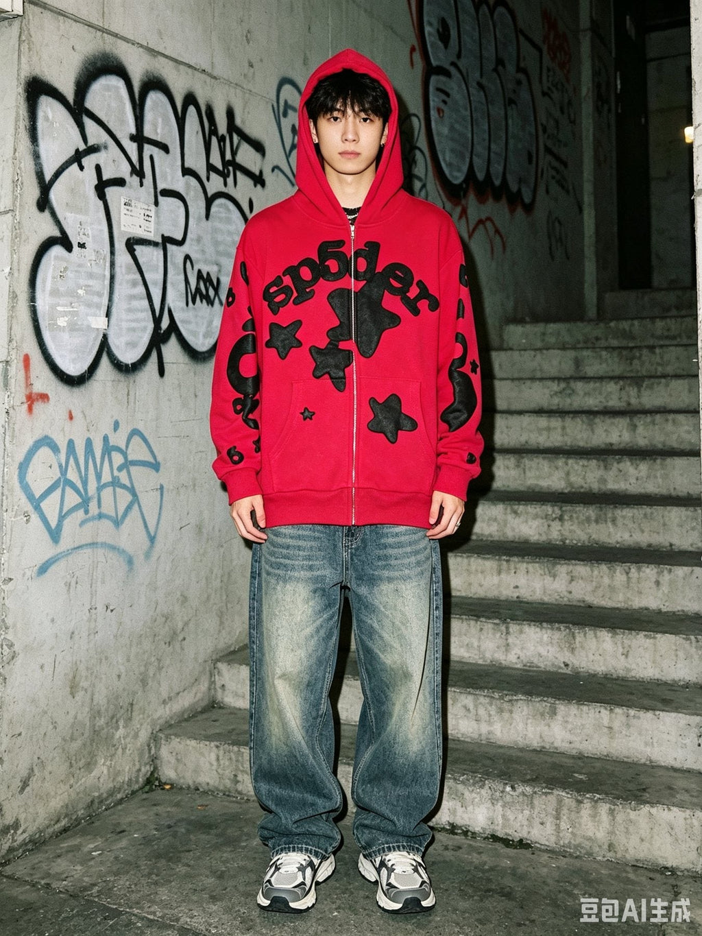 Sp5der Red Graphic Zip Hoodie