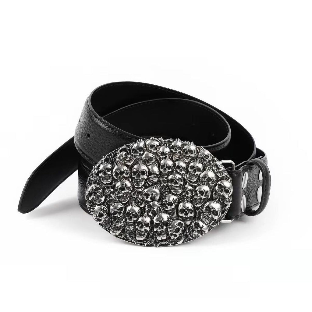 Chrome Skull Pile Belt Stacked Skulls Buckle Dark Punk Leather Waist