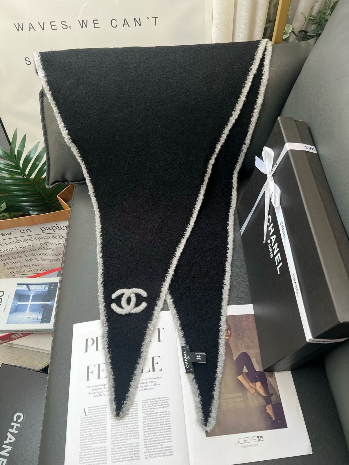 Chanel Style Fuzzy Triangle Logo Scarf