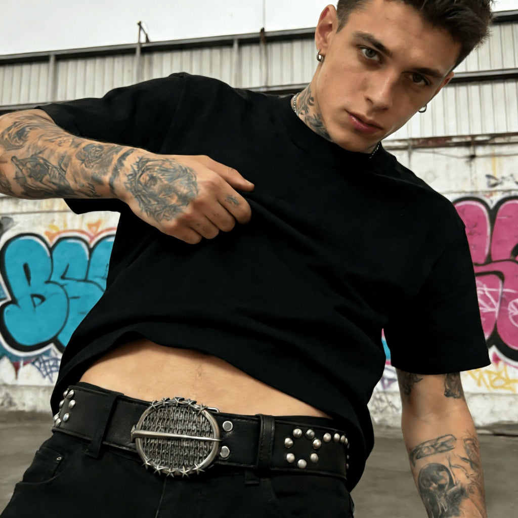 Y2K Wasteland Punk Belt Vintage Silver Studded Oval Star Buckle Waist