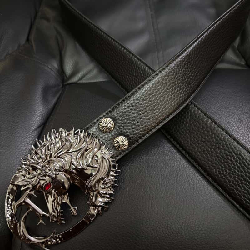 Pegasus Leather Belt Black Litchi Grain Red Zircon Sculpted Waist Belt