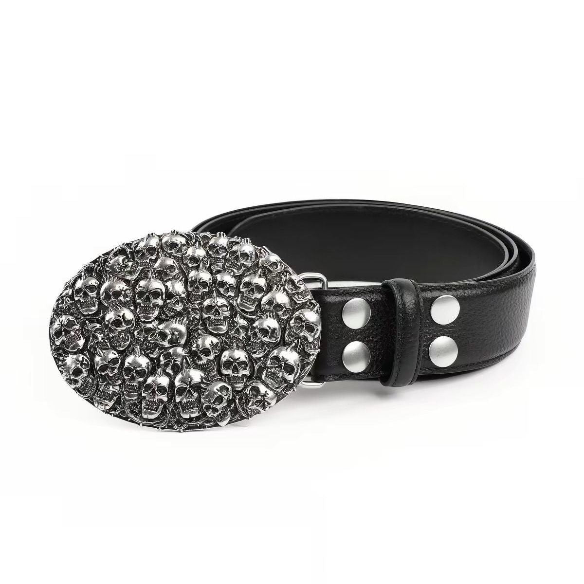 Chrome Skull Pile Belt Stacked Skulls Buckle Dark Punk Leather Waist