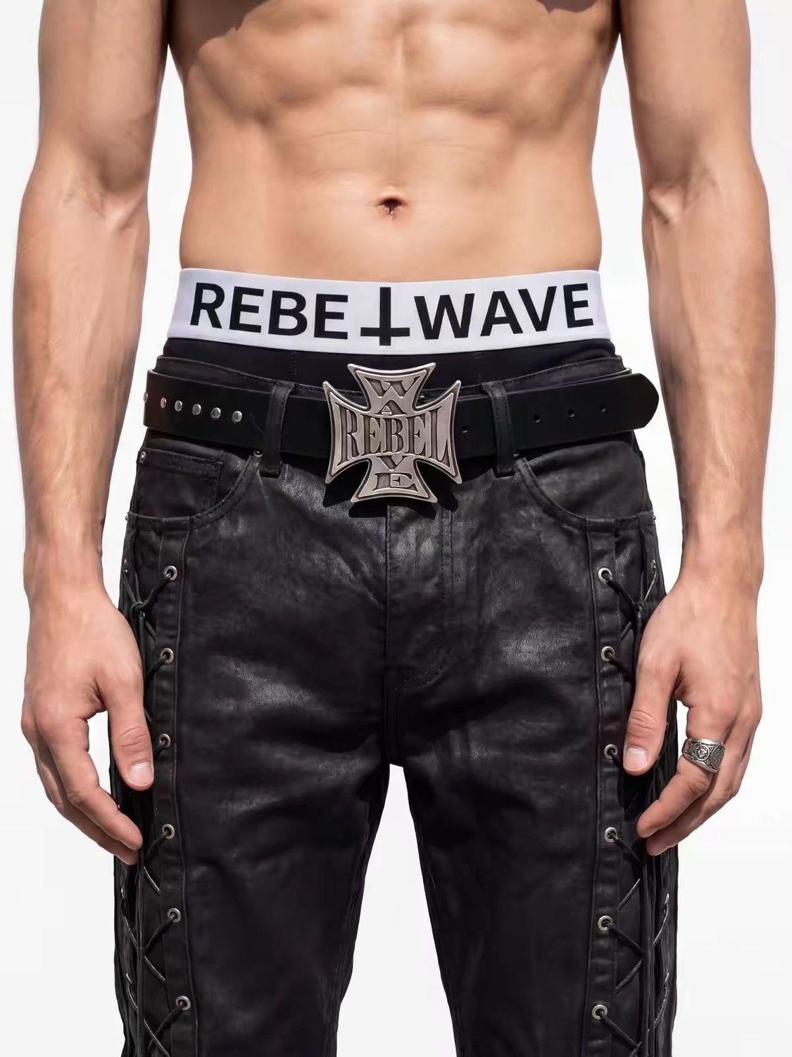 REBEL WAVE 26ss Cross Studded Leather Belt Punk Vintage Cowhide Waist