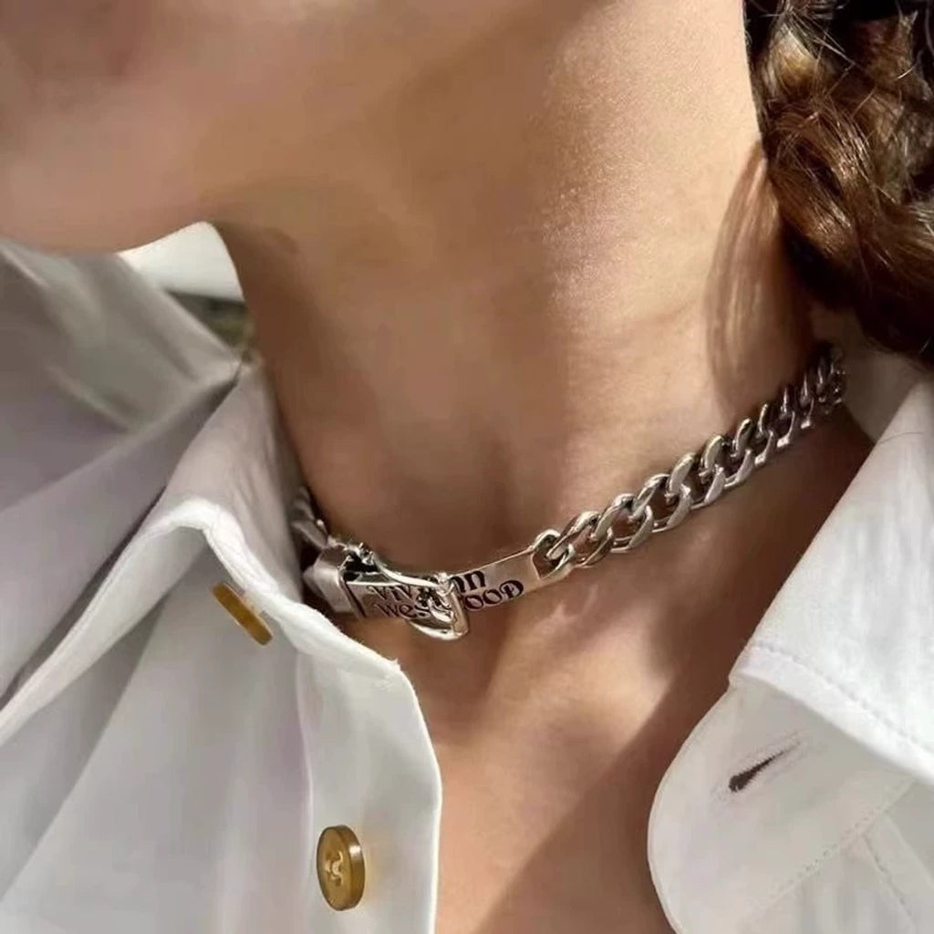 Vivienne Westwood Style Engraved Letter Cuban Chain Necklace