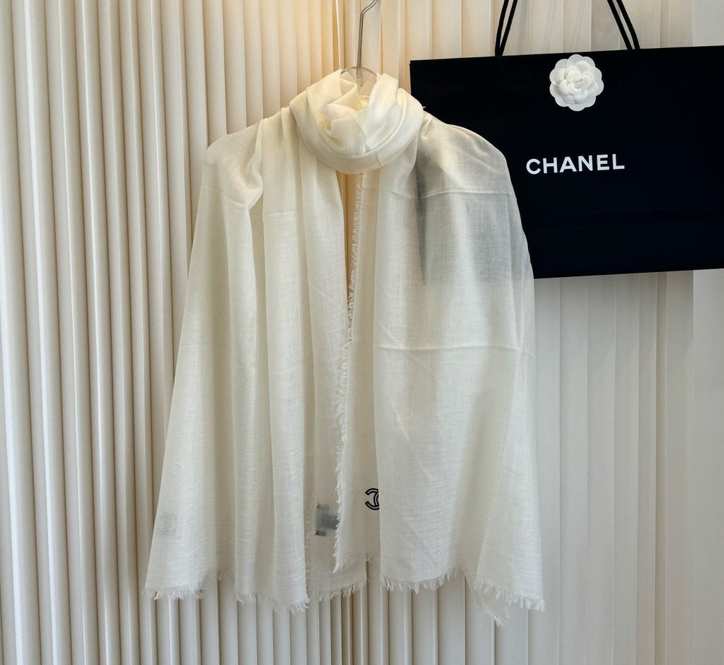 Chanel Ivory Fringed Cashmere Scarf