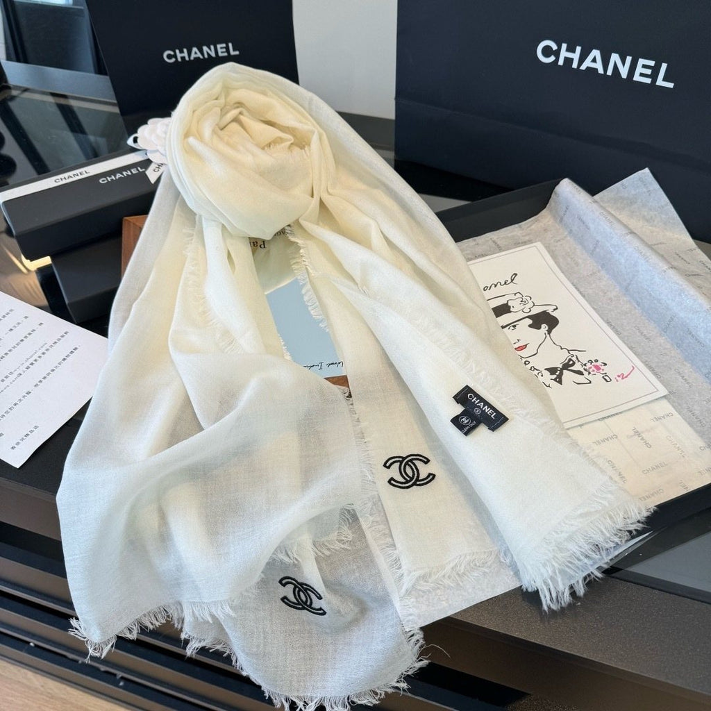 Chanel Ivory Fringed Cashmere Scarf