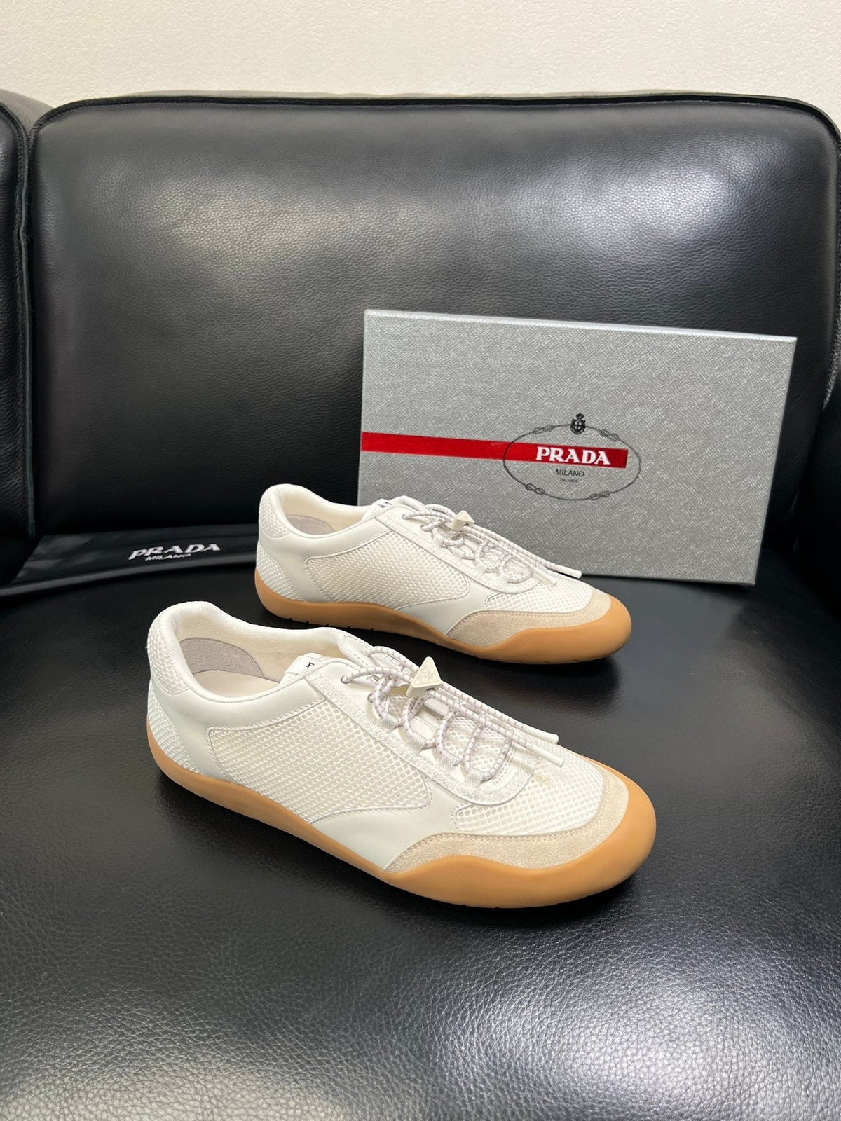 Prada Men's White Gum Sole Low-Top Sneakers
