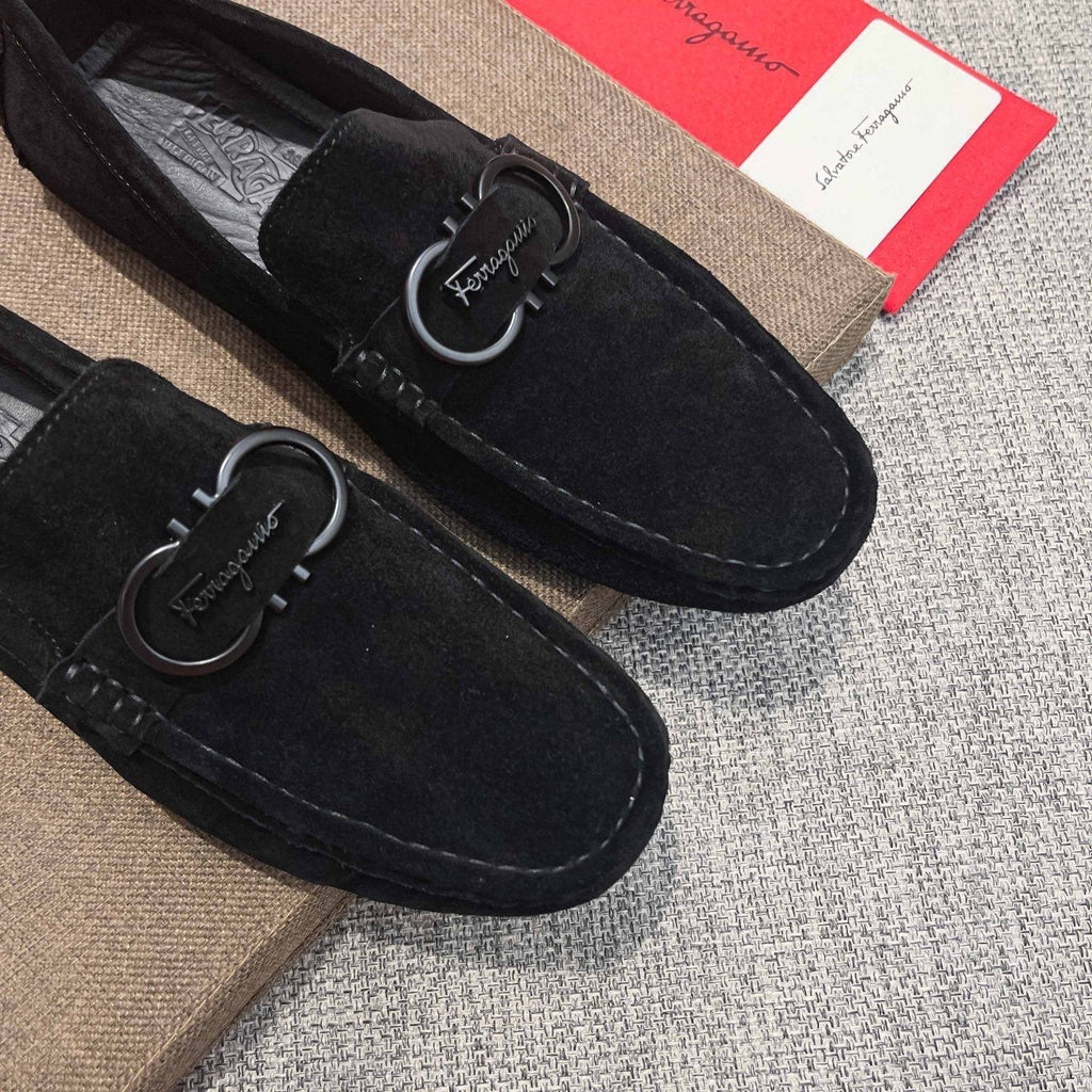 Ferragamo Men's Black Buckle Loafers - Textured Rubber Outsole