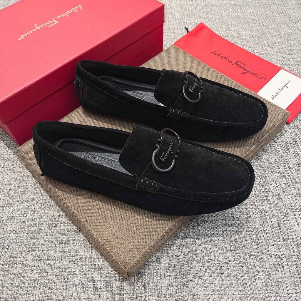 Ferragamo Men's Black Buckle Loafers - Textured Rubber Outsole