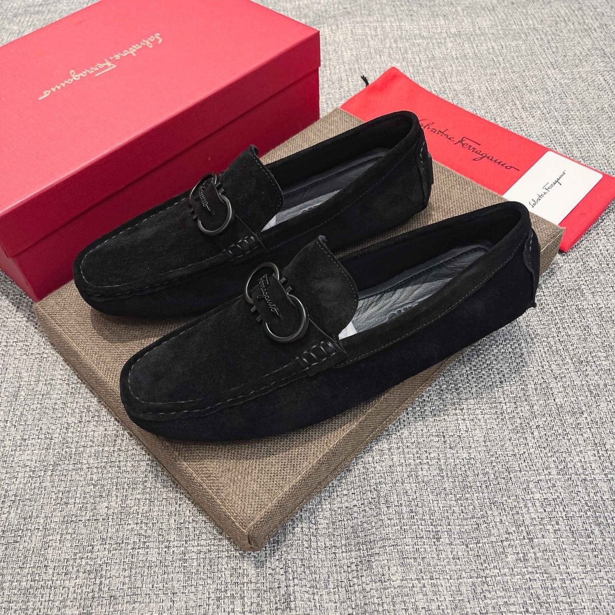 Ferragamo Men's Black Buckle Loafers - Textured Rubber Outsole
