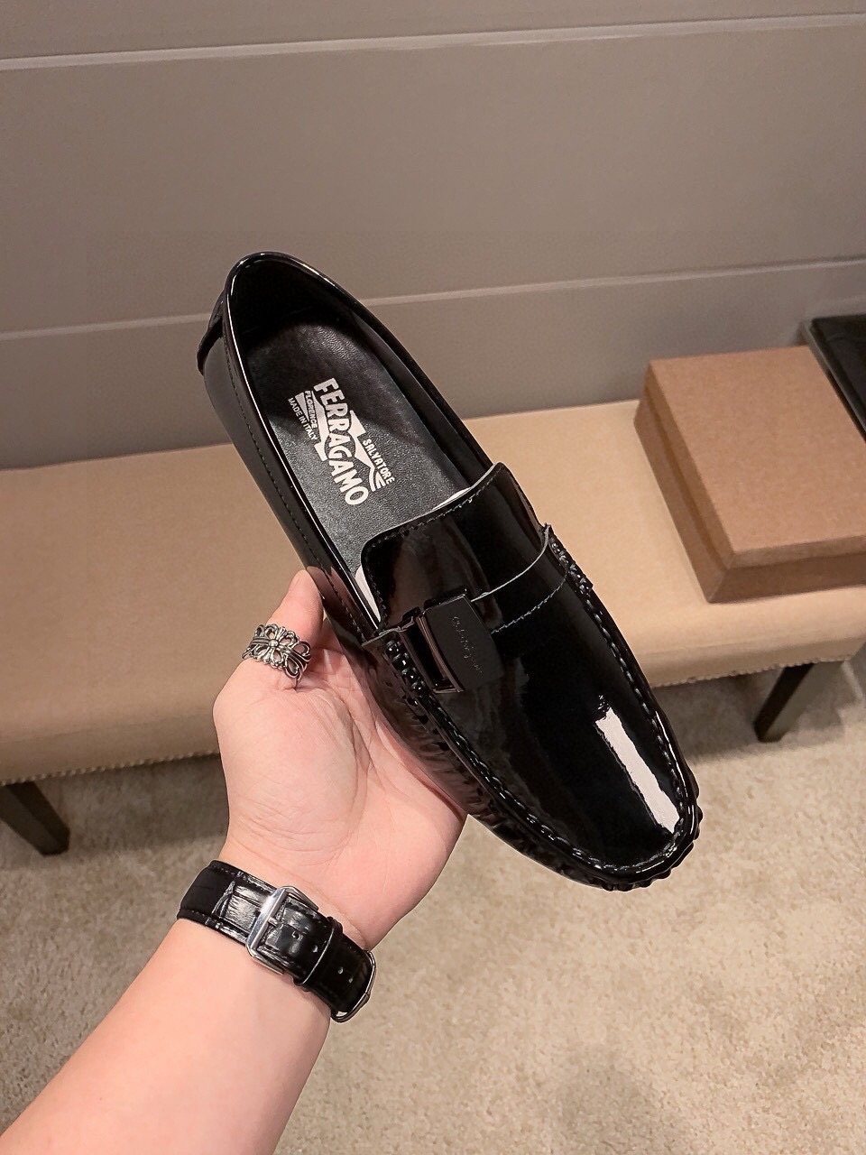 Ferragamo Black Patent Leather Loafers