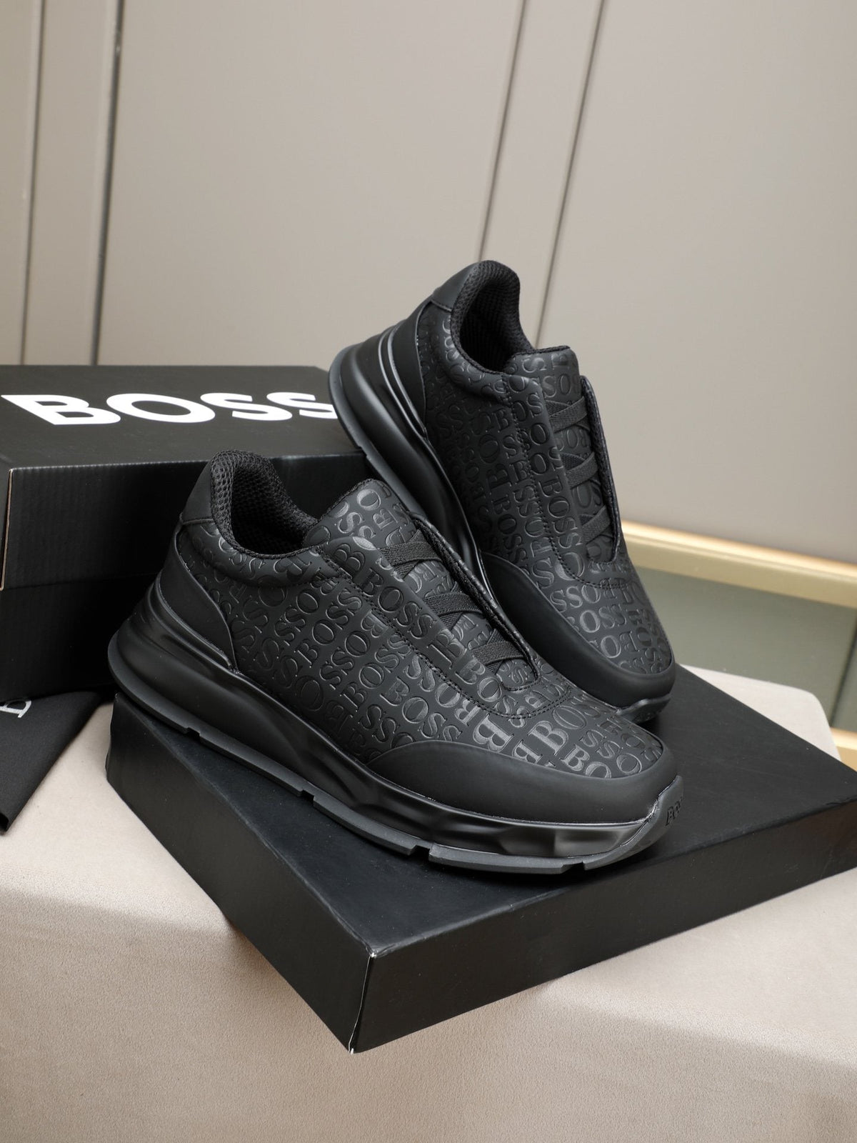BOSS Men's Black Logo Slip-On Sneakers