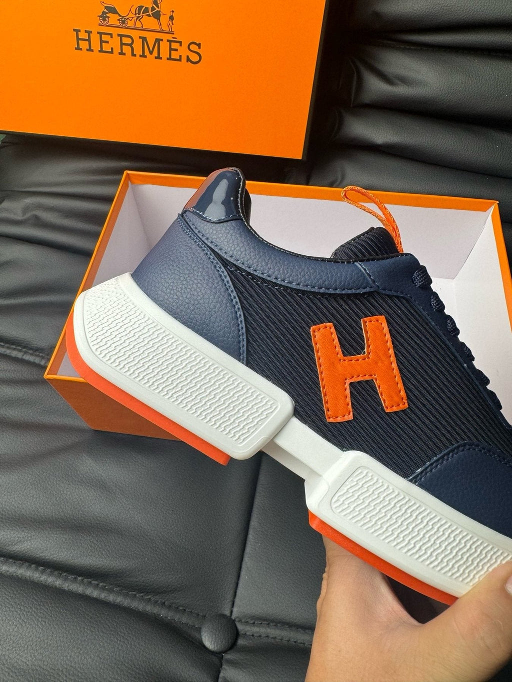 Hermès Navy Orange H-Detail Sneakers