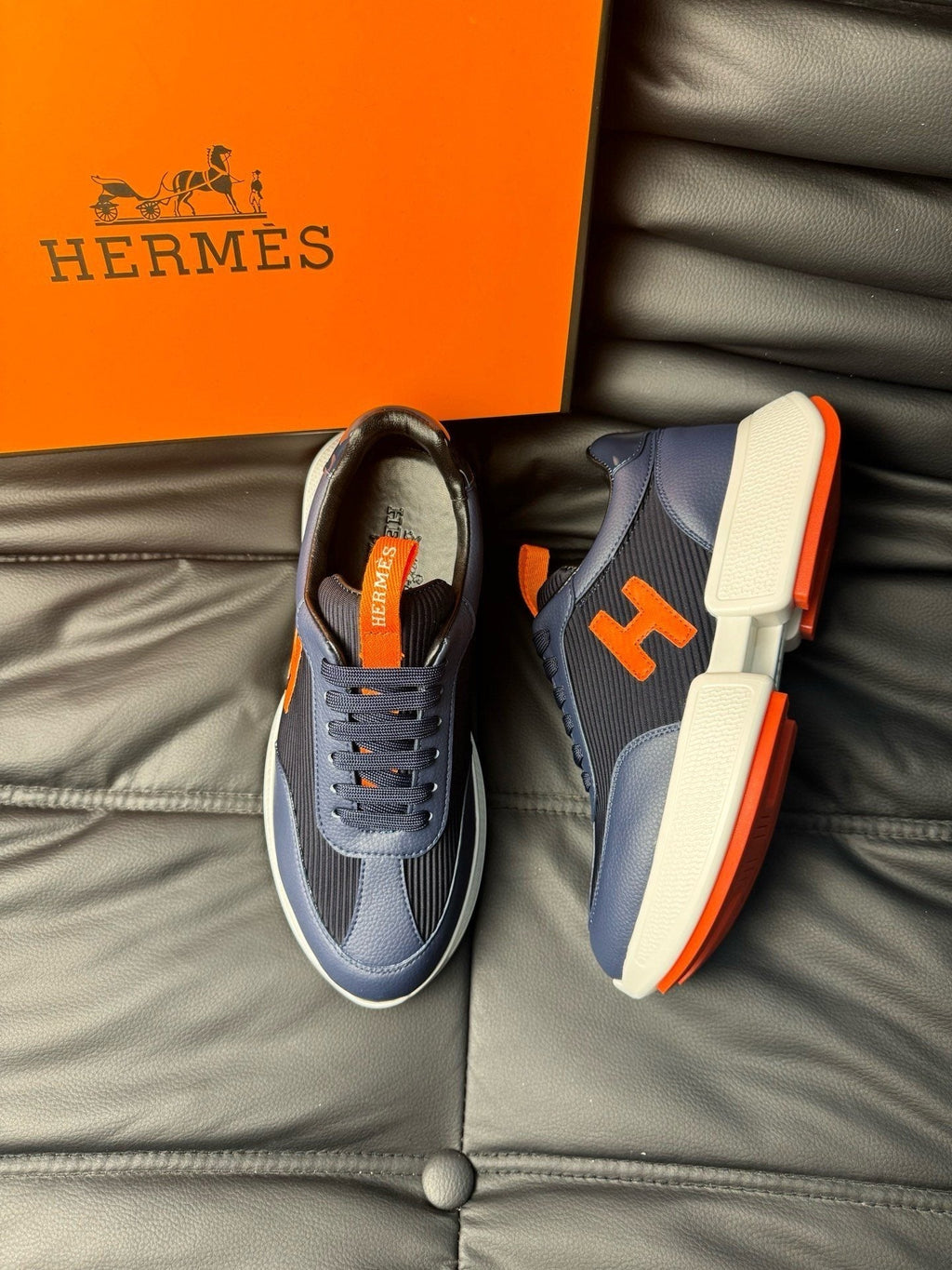 Hermès Navy Orange H-Detail Sneakers