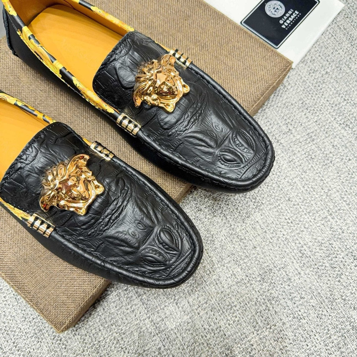 Versace Men's Black Gold-Tone Hardware Loafers - Embossed Texture