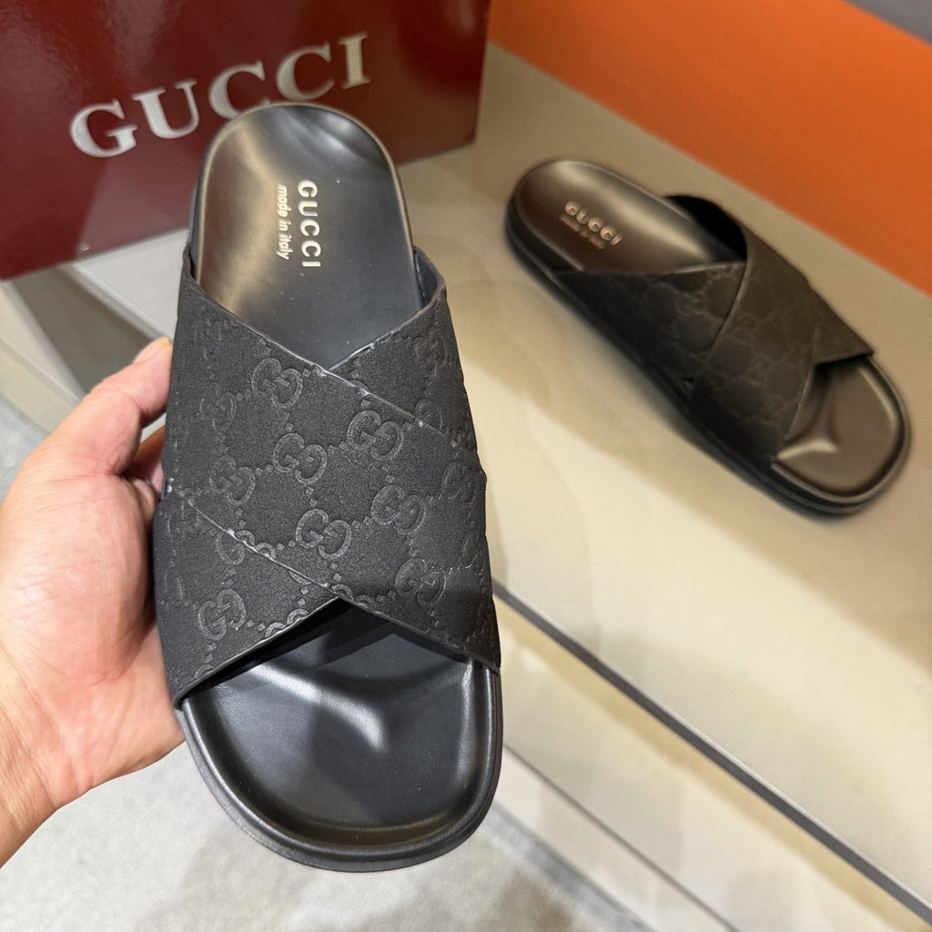 Gucci Men's Black Crisscross Strap Slide Sandals