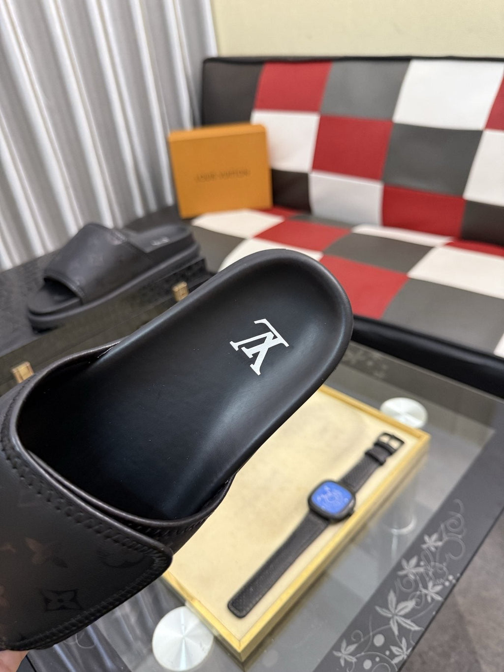 Louis Vuitton Black Monogram Slide Sandals - Wide Monogram-Pattern Strap