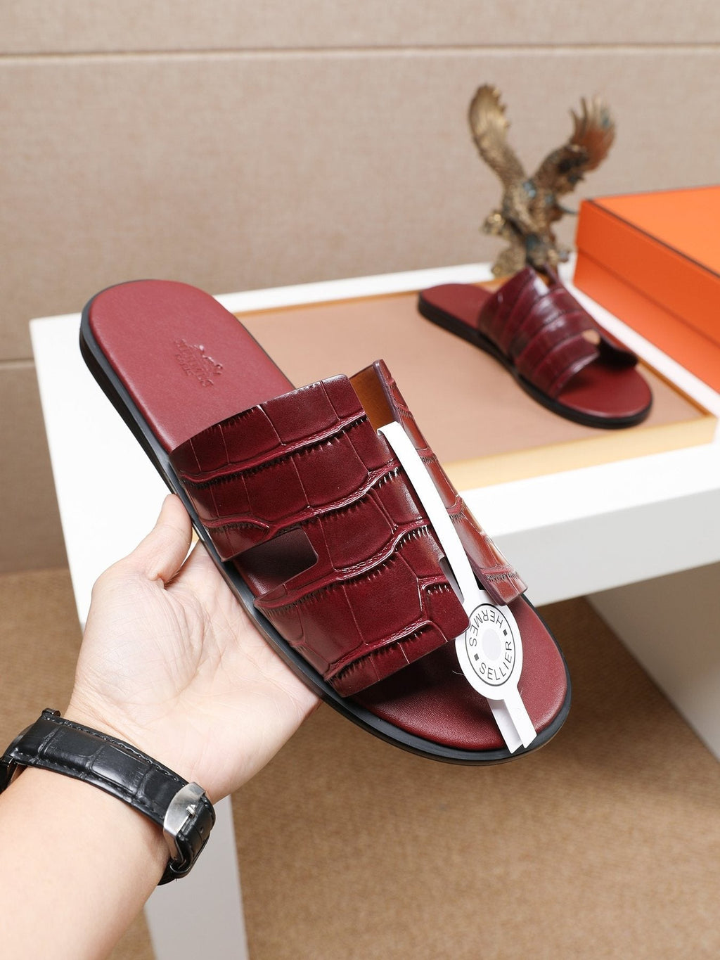 Hermès Burgundy Textured H Slide Sandals