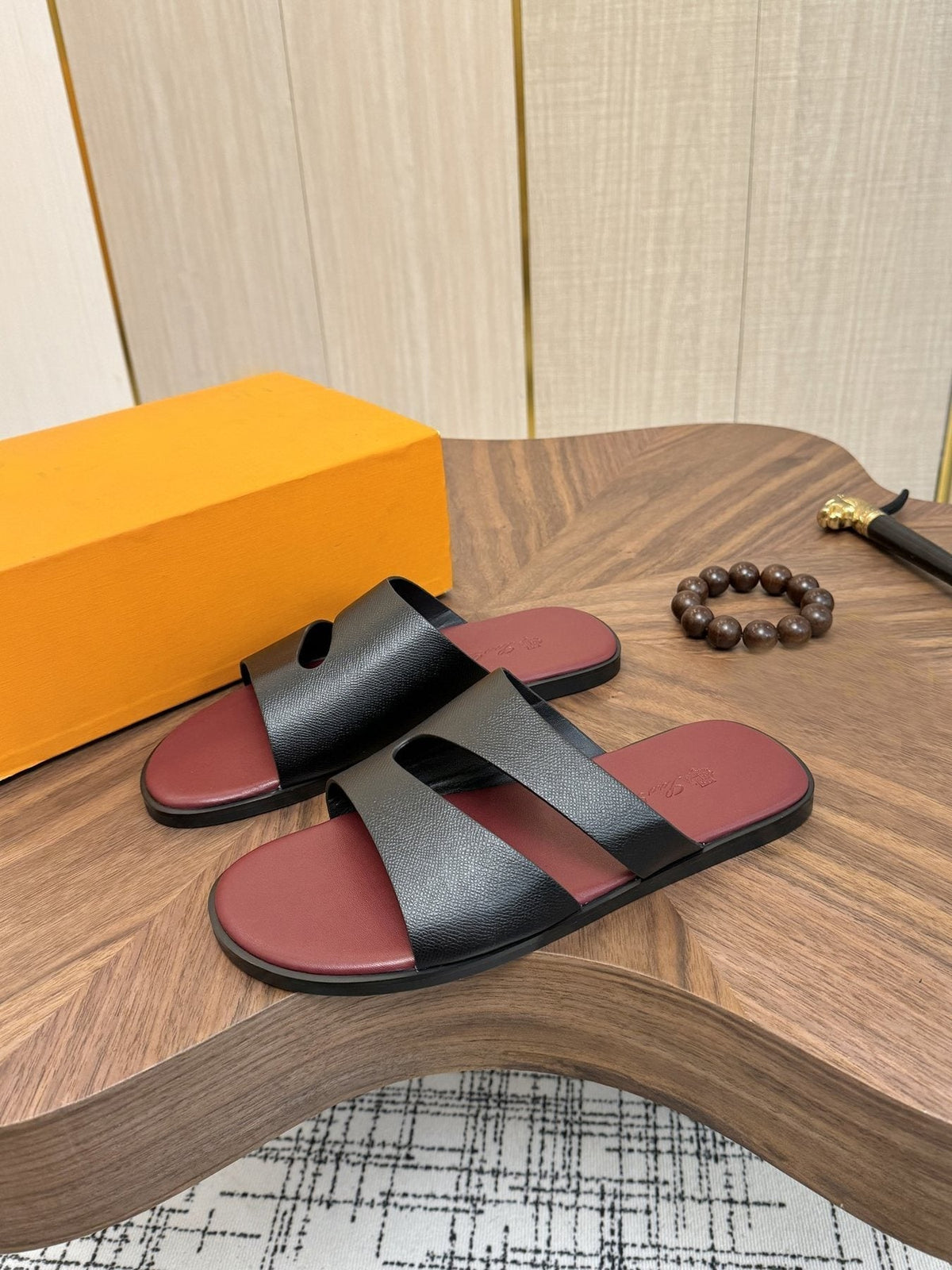 Loro Piana Black and Burgundy Slide Sandals