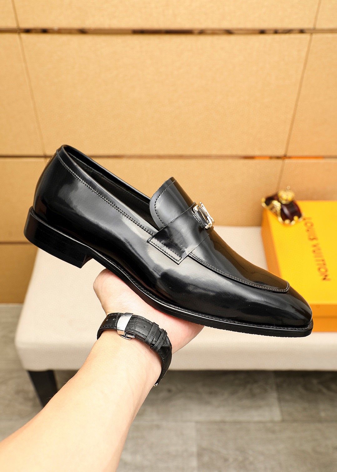 Louis Vuitton Men's Glossy Black Leather Loafers